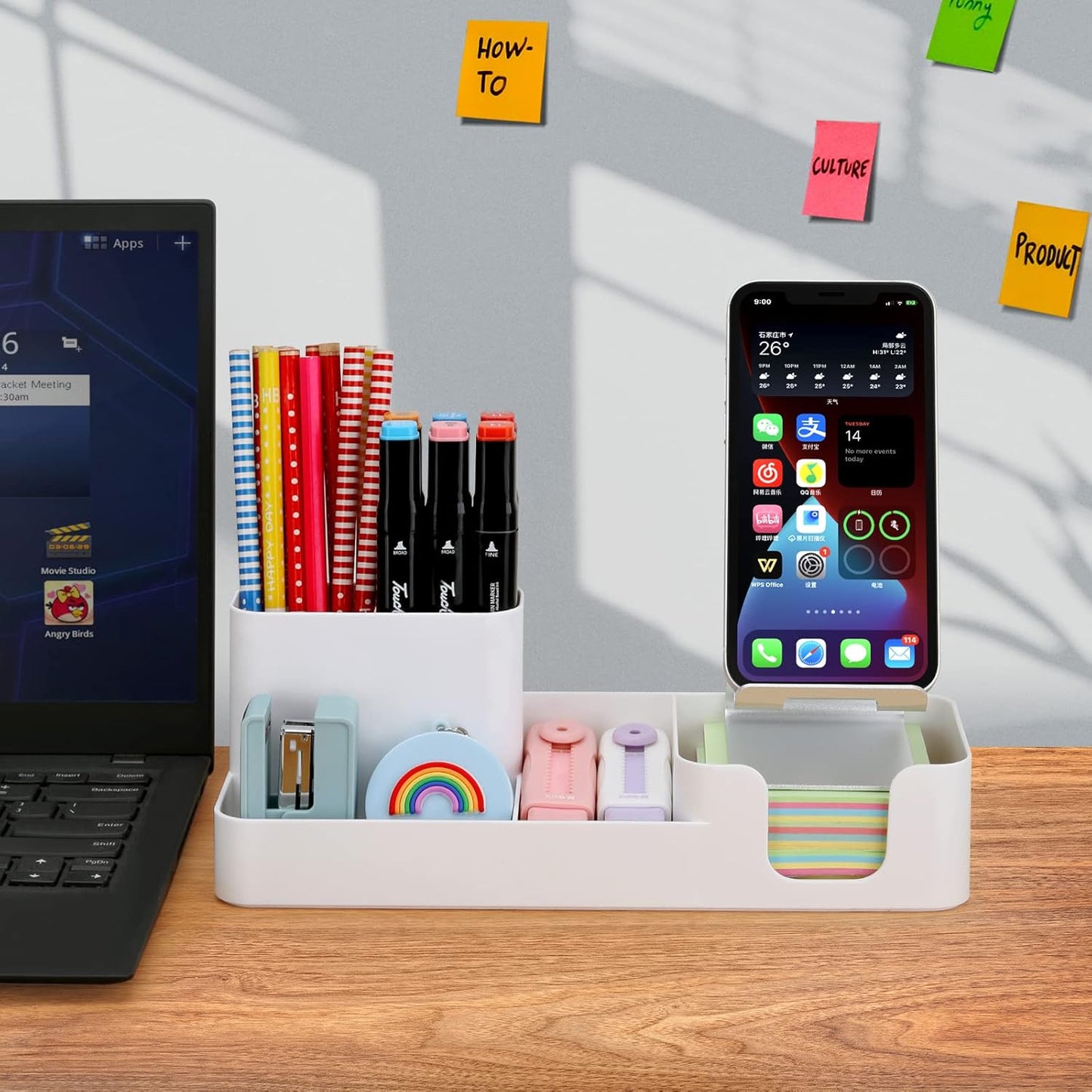 Pen Holder for Desk, Desktop Organizer with Mobile phone holder/Pencil Holders/Sticky Note Tray