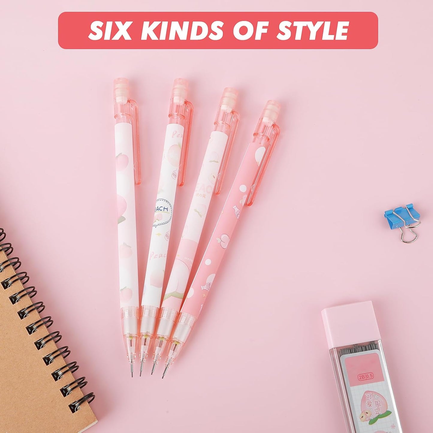 Cute Mechanical Pencil Set Include 4 Pcs 0.5mm Kawaii Mechanical Pencils and 100 Pcs Replacement Pencil Refills, Japanese Cute Stationary School Supplies for Writing Drawing Sketching Drafting