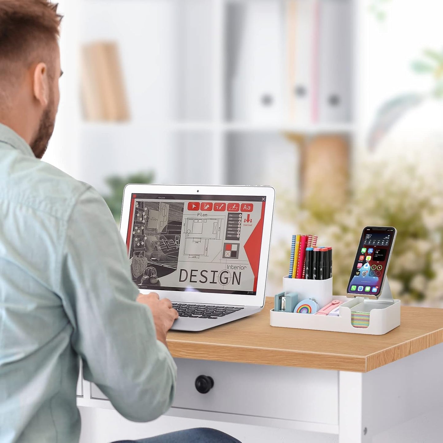 Pen Holder for Desk, Desktop Organizer with Mobile phone holder/Pencil Holders/Sticky Note Tray
