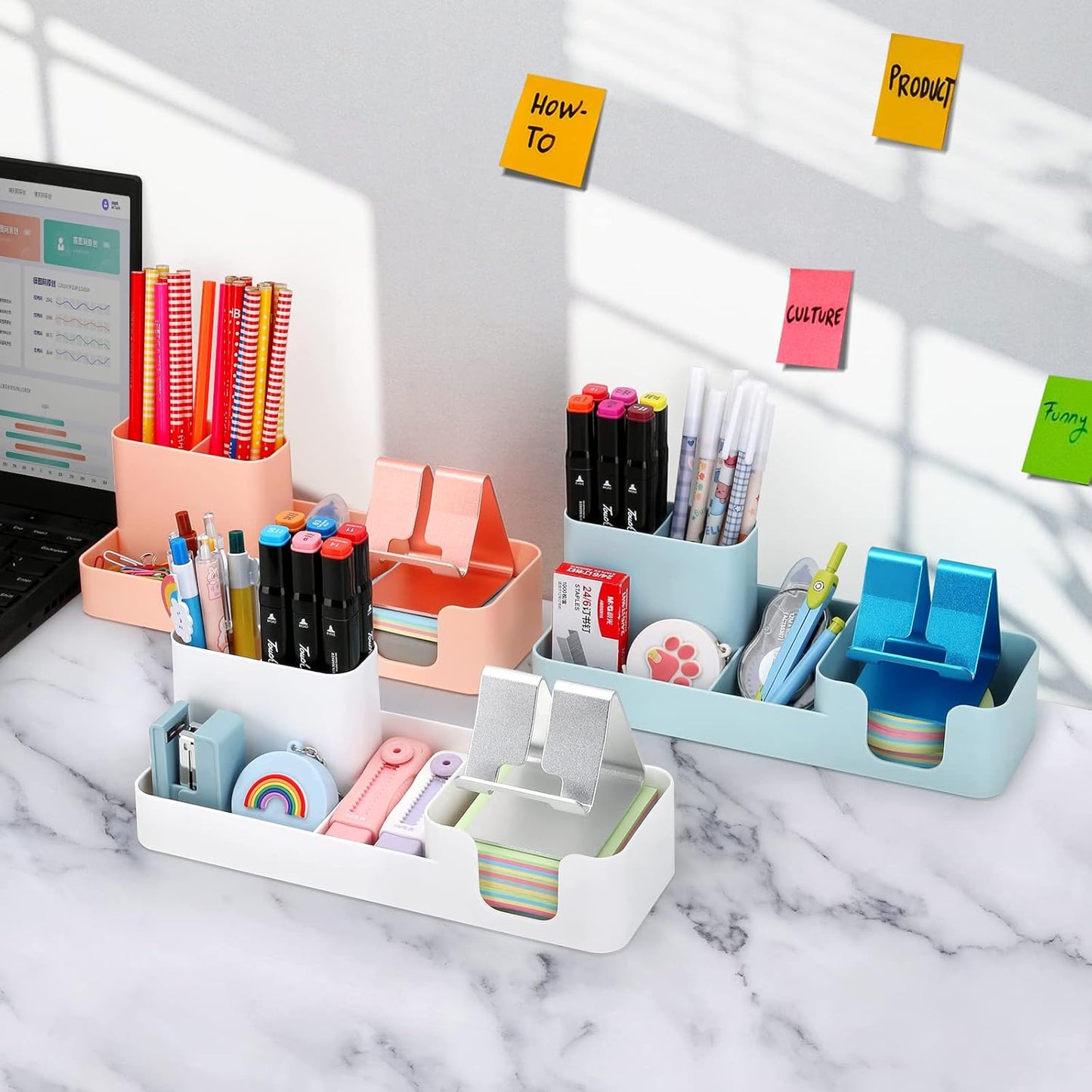 Pen Holder for Desk, Desktop Organizer with Mobile phone holder/Pencil Holders/Sticky Note Tray