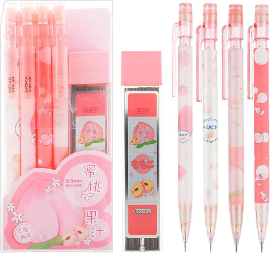 Cute Mechanical Pencil Set Include 4 Pcs 0.5mm Kawaii Mechanical Pencils and 100 Pcs Replacement Pencil Refills, Japanese Cute Stationary School Supplies for Writing Drawing Sketching Drafting