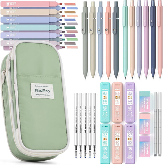 39 PCS Aesthetic School Supplies with Big Capacity Pen Case, 12 Color Pastel Highlighters, 5 Quick Dry Retractable Black Ink Pens, 6 Pastel Mechanical Pencil 0.5 & 0.7 mm for Student Stationary